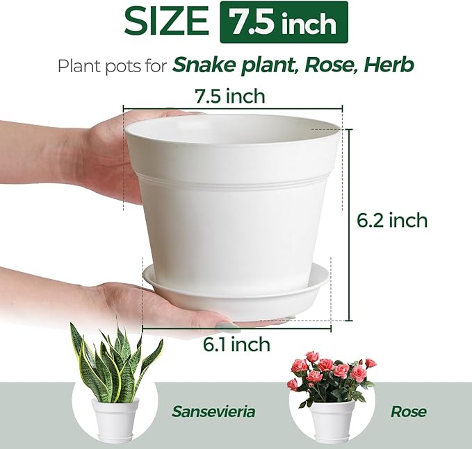 T4U 7.5 Inch Plant Pots 6 Pcs, Flower Pots for Plants, Plastic Planter Pots for Indoor Plants with Drainage Holes and Saucer (6 Pcs, 7.5", White)