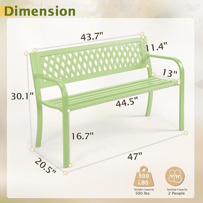 VINGLI 47'' Outdoor Bench, Weather Resistant Garden Patio Bench Powder Coated Iron Frame w/PVC Mesh Backrest Slatted Seat, 2-Person Outdoor Furniture for Front Porch Entryway Park (Green)