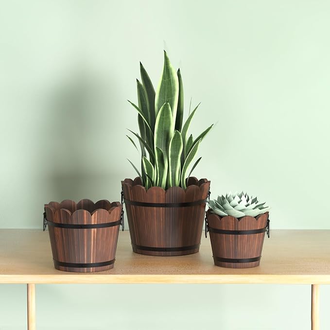 Wooden Bucket Barrel Planters, Rustic Patio Planters Flower Pots for Plants Indoor Décor, Set of 3