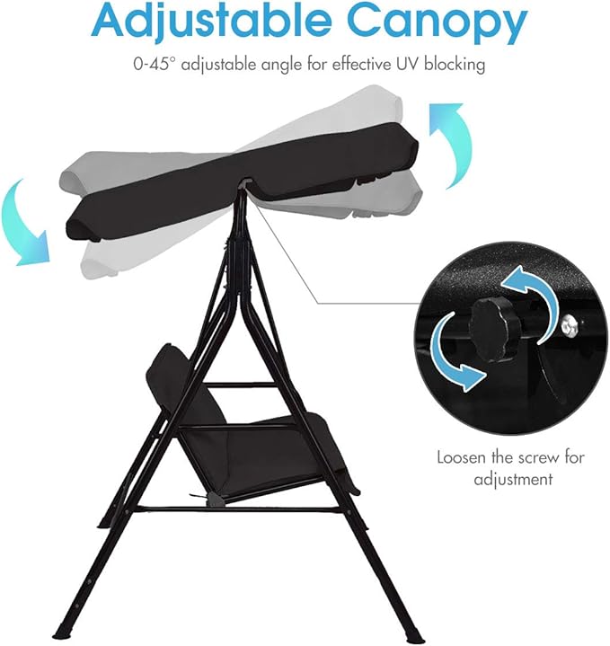 Tangkula 2 Person Porch Swing, Outdoor Swing with Removable Cushions, Solid Steel Structure, Patio Swing with Adjustable Canopy for Porch, Backyard, Garden, Balcony