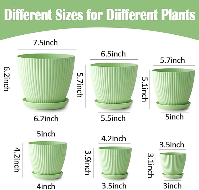 7.5/6.5/5.5/4.9/4.2/3.5 Inch Plant Pots with Saucers & Drain Holes - Indoor/Outdoor Flower Pots for Succulents, Herbs, Cactus - Modern Lightweight Durable Planter Set, Green