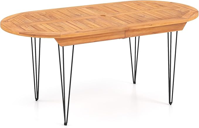 Tangkula 71" Outdoor Dining Table for 6, Oval Teak Wood 6 Person Patio Table with 2" Umbrella Hole, Metal Legs, Safety Locks and Wood Tabletop, Outside Table for Garden, Poolside & Backyard