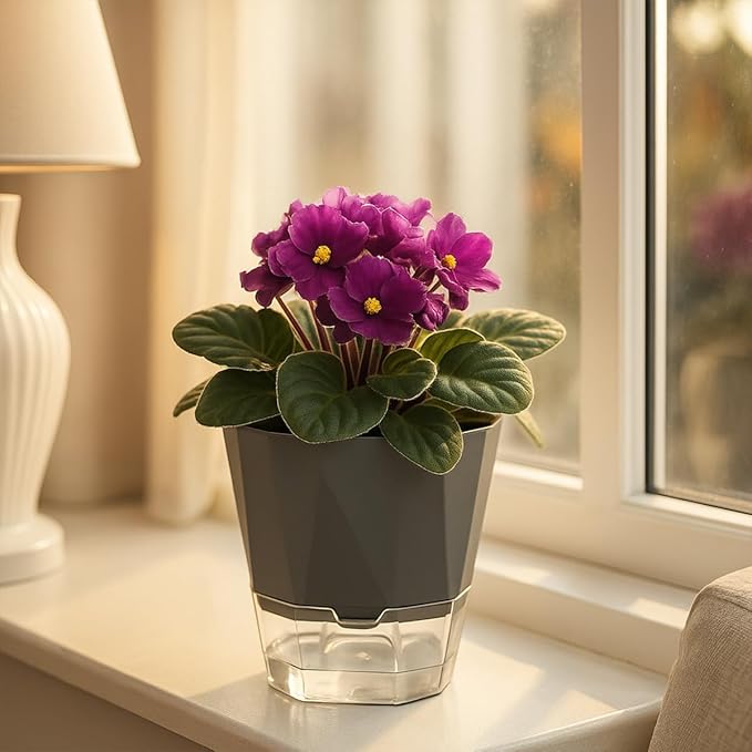 5 Pack Self Watering Pots for Indoor Plants, 5/6.7/8.4 in Self Watering Planters African Violet Self Watering Clear Pots for Plants Herb Orchid Flower Houseplant Pots, Dark Grey