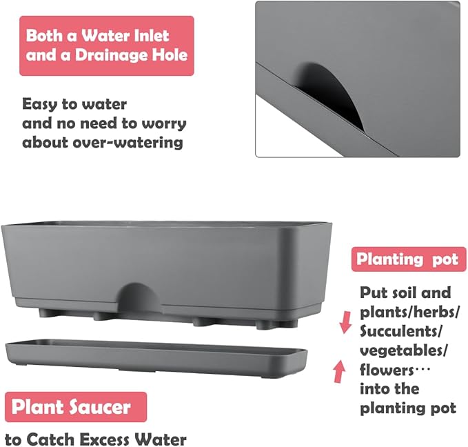 6 Pack Rectangle Planter 16x4.4 Inch Window Boxes Planters Rectangular Large Window Sill Planters Indoor Self Watering Plant Pots with Drainage Holes and Saucers Succulent Herb Flower Pots, Dark Grey