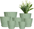 Plastic Plant Pots, 7/6.5/6/5.5/5/4.5/4 inch Flower Pots with Drainage Holes and Trays, 7 Pack Planter for Indoor Outdoor Plants (Green)