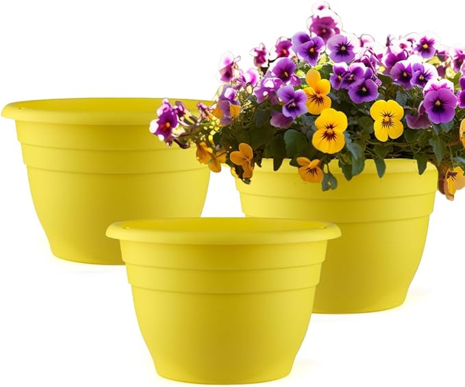 11 Inch Plant Pots Set of 3,Plastic Planters with Drainage Holes & Removable Plugs,Indoor Outdoor Flower Pots for Plants,Herbs, Succulents,Durable Lightweight(Yellow)
