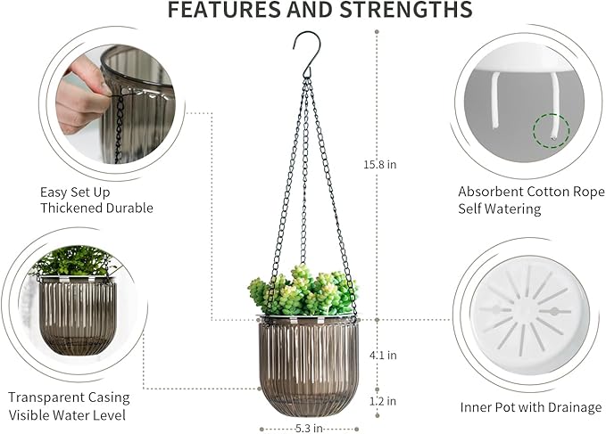 Josteve 5.2 Inch 2 Pcs Self Watering Hanging Planter Indoor Plant Pots Drainage Holes, Outdoor Small Hanging Planters Flower Pot Basket, Visible Water Level, Plant Hanger Home Decor, Gardening
