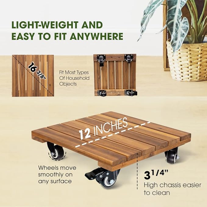 2pack Wood Plant Caddy With Wheels Heavy Duty, 264 Lbs Capacity, Upgraded 12 Inch Acacia Hardwood Plant Dolly, Plant Stand with 360° Lockable Wheels, Plant Caster for Heavy Objects Hauling - Natural Wood