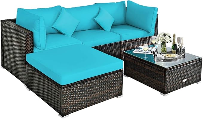 Tangkula 5 Pieces Patio Rattan Furniture Set, Outdoor Sectional Rattan Sofa Set with Back & Seat Cushions, Wicker Conversation Set with Tempered Glass Table for Backyard Porch Poolside (Turquoise)