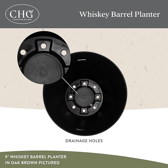 Classic Home & Garden Whiskey Barrel Planters - Wooden Finish Flower Planter Pot - Stylish Garden Pots - Indoor & Outdoor Resin Planters - Weather-Resistant Planting Pots (9" Oak Brown, Pack of 1)
