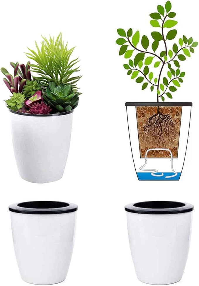 3.5“ Self Watering Planter White Flower Pot, 3 Pcs Small Planter Pot, Mini Plant Pot, for All Plants, Herbs, African Violets, Succulents, Flowers Or Start Plants, White, 3 inch