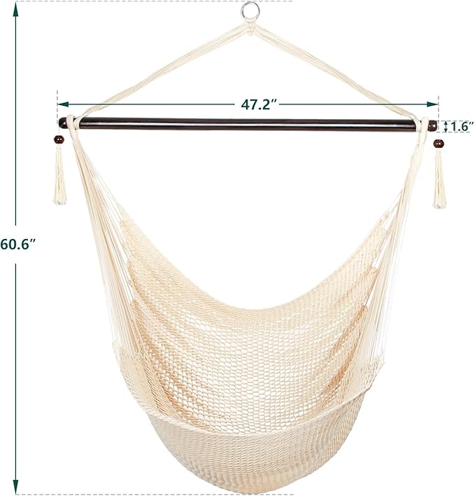 Bathonly Large Hammock Chair with Spreader Bar, Caribbean Hammock Swing Chair, XL Hammock Chair Outdoor Indoor, 330 LBS Weight Capacity, Beige