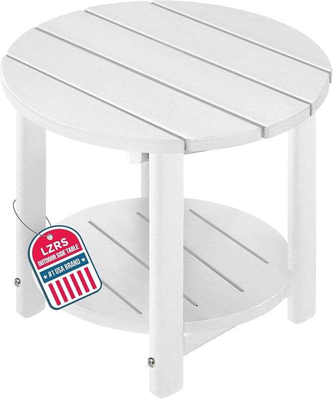 LZRS Round Adirondack Side Table Double End Table, Outdoor Side Tables for Patio, Backyard,Pool, Indoor Companion, Easy Maintenance & Weather Resistant(White)