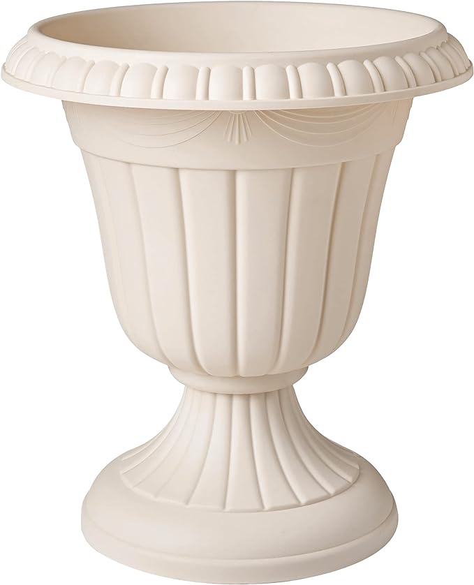 Arcadia Garden Products PL00BG Classic Traditional Plastic Urn Planter, 16” x 18”, Beige