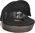 Tangkula Patio Round Daybed with Retractable Canopy, Outdoor Wicker Rattan Furniture Sets, Sectional Cushioned Sofa Set w/Height Adjustable Coffee Table, Rattan Conversation Sets (Black)