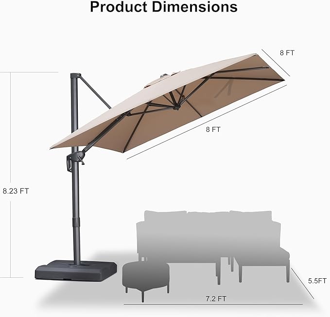 PURPLE LEAF Patio Umbrella 8' X 8' Rectangle Cantilever Umbrella Large Aluminum Outdoor Umbrellas with 360-degree Rotation & UPF40+ Premium Fabric for Deck Pool Garden Yard, Sand Dune