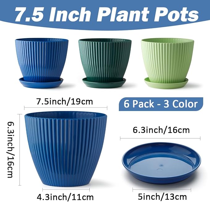 Plastic Plant Pots, 6 Pack 7.5 Inch Flower Pots with Drainage Holes and Saucer, Planters for Indoor Outdoor Plants, Stylish Decor for Home and Garden(Blue, Green, Dark Green)