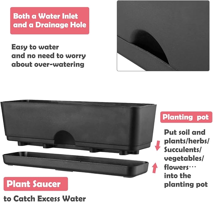 6 Pack Rectangle Planter 16x4.4 Inch Window Boxes Planters Rectangular Large Window Sill Planters Indoor Self Watering Plant Pots with Drainage Holes and Saucers Succulent Herb Flower Pots, Black