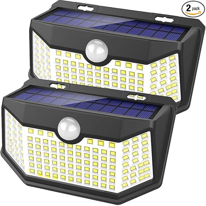 HMCITY Solar Lights Outdoor 120 LED with 3 Lighting Modes, Motion Sensor Wall Lights,IP65 Waterproof Solar Powered for Garden Patio Yard (Back Button 2Packs, Black Shell-Daylight White)