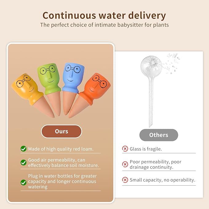 4 PCS Plant Watering Devices, Terracotta Watering Spikes Self Watering Planter Insert Plant Watering Globes for Indoor Outdoor Plants Automatic Vacation Plant Waterer with Slow Release Watering System