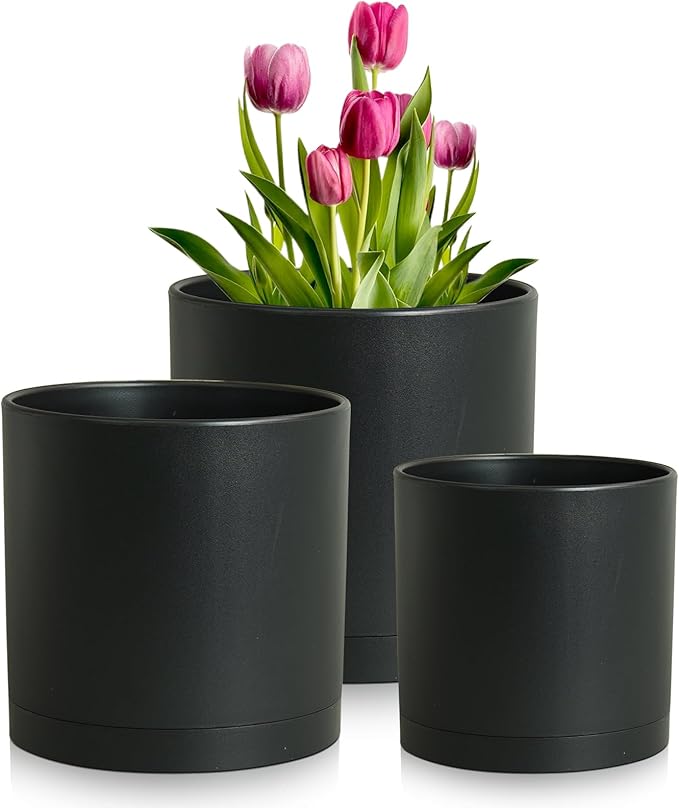 12/10/8 inch Large Deep Plant Pots, 3 Pack Tall Cylinder Flower Pots for Outdoor Indoor Plants, Plastic Planters with Drainage Holes and Saucers for Garden Porch House Plants, Black