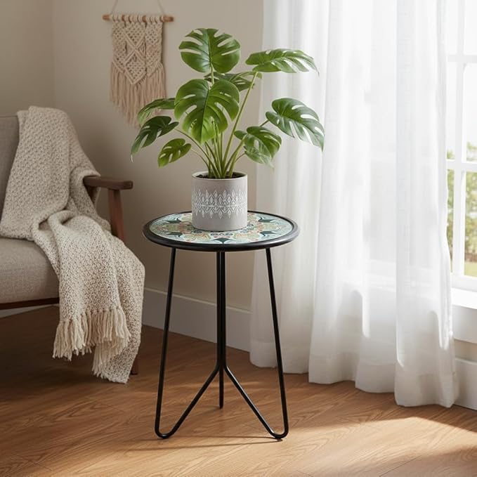 LIFFY Patio Side Table, 12" Outdoor Metal Side Table with Glass Top, Indoor Round Accent End Table for Living Room or Bedroom, Small Decorative Plant Stand Table for Garden Yard Balcony
