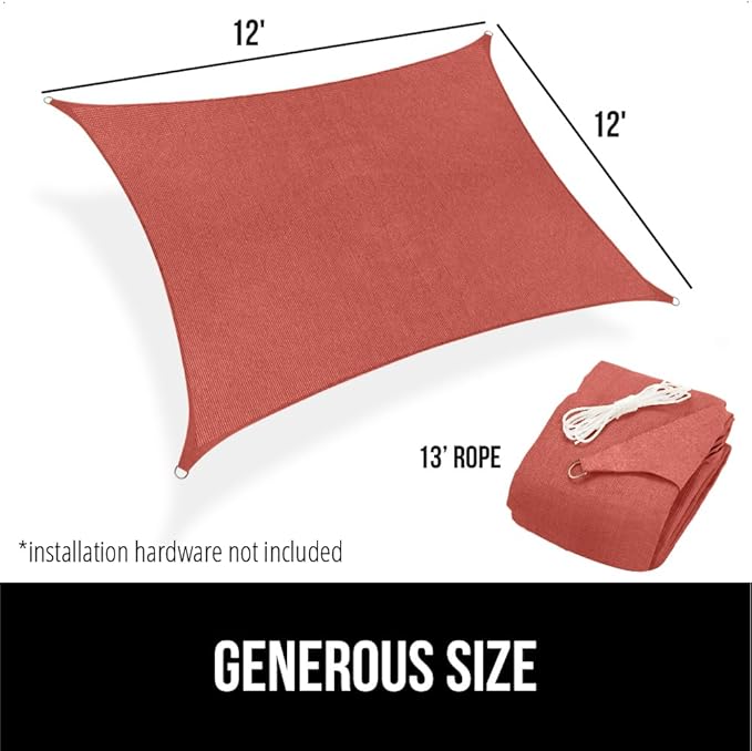 GORILLA GRIP Heavy Duty Sun Shade, UV Protection Fade Tear and Rust Resistant Rectangle Sunshade Canopy, Curved Edges Blocks Sunlight, Breathable Sail, Outdoor Patio, Lawn Garden 12x12 FT Terra