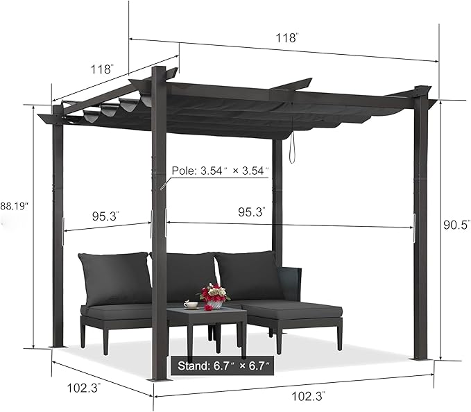 PURPLE LEAF 10' x 10' Aluminum Outdoor Pergola Wind-Resistant Retractable Pergola with Double Sun Shade Canopy Heavy-Duty Metal Pergola for Patios Backyard Deck Garden, Gray