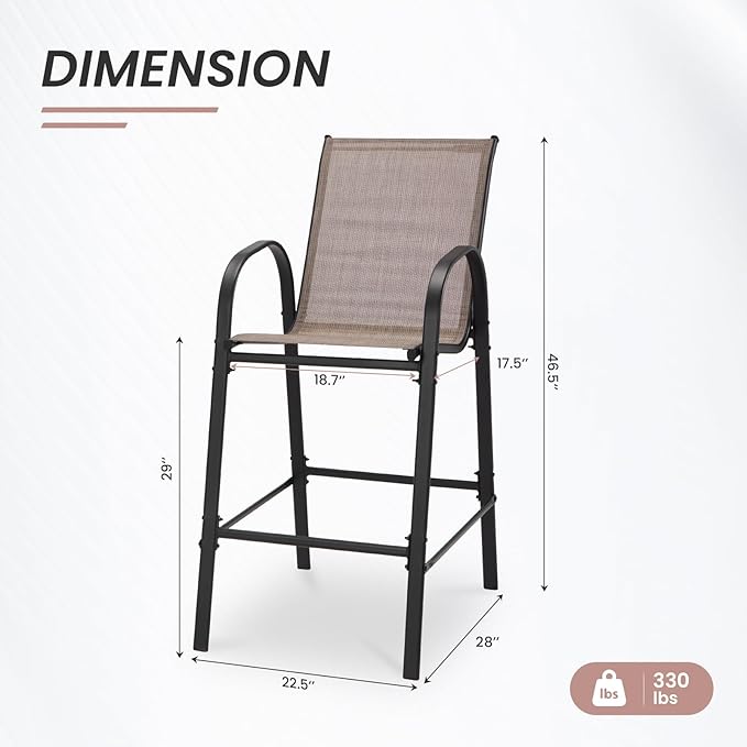 HOMREST Outdoor Bar Height Stools Set of 8,High Back Patio Chairs with Armrests,Textilene Chairs with Breathable Fabric & Metal Frame for All Weather,Taupe