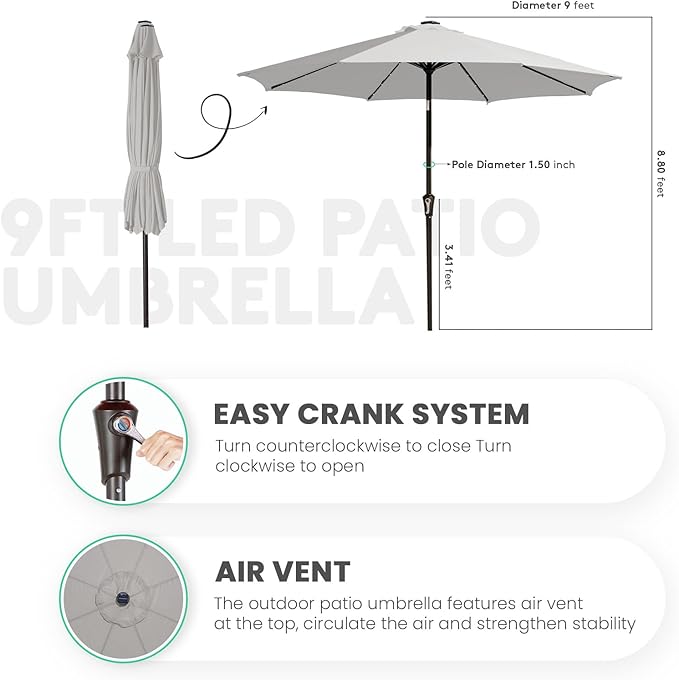 JEAREY 9FT Outdoor Patio Umbrella with Solar Lights, LED Lighted Pool Umbrella with Tilt and Crank, Outdoor Table Umbrellas for Deck, Yard & Market (Light Grey)
