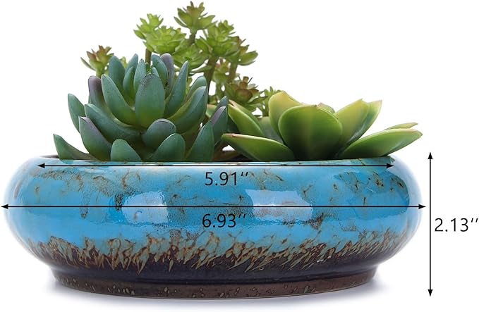 VanEnjoy 7.3 inch Round Large Shallow Succulent Ceramic Glazed Planter Pots with Drainage Hole, Bonsai Pots Garden Decorative Cactus Stand Flower Container (Blue)