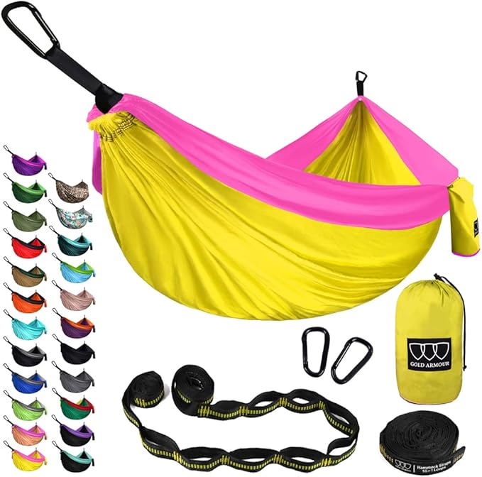 Gold Armour Camping Hammock - XL Double Hammock Portable Hammock Camping Accessories Gear for Outdoor Indoor with Tree Straps, USA Based Brand (Yellow and Pink)