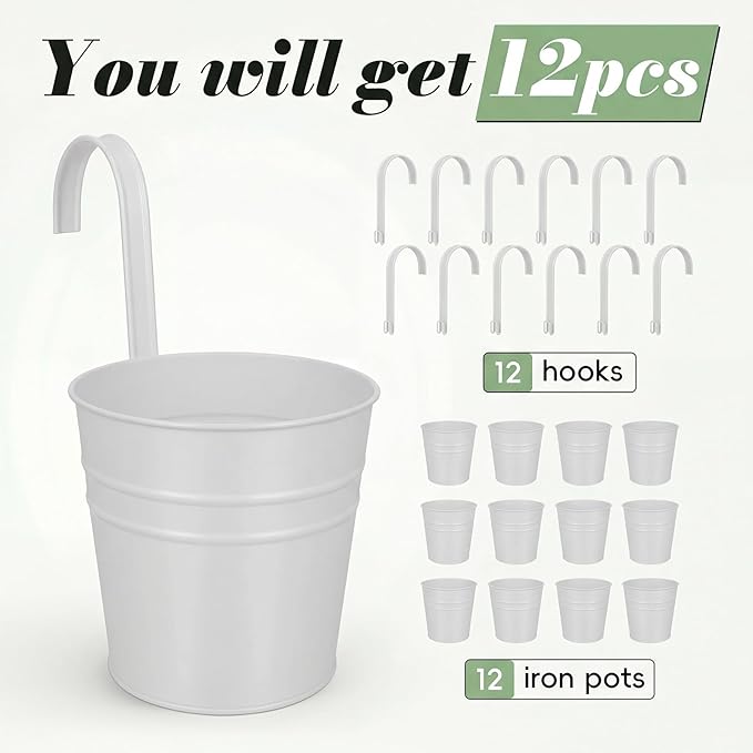 HowRU Hanging Flower Pots, Railing Planter Box for Outdoor Plants 12 Pack 5 Inch Metal Hanging Planters with Detachable Hooks Balcony Window Fence Garden Decoration Flower Boxes, White