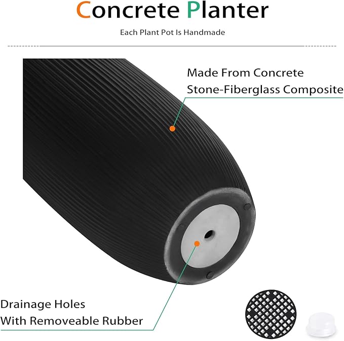 Tall Planters for Outdoor Plants, Large Concrete Flower Pots for Garden Front Porch, Patio, Indoor (Vertical Black)