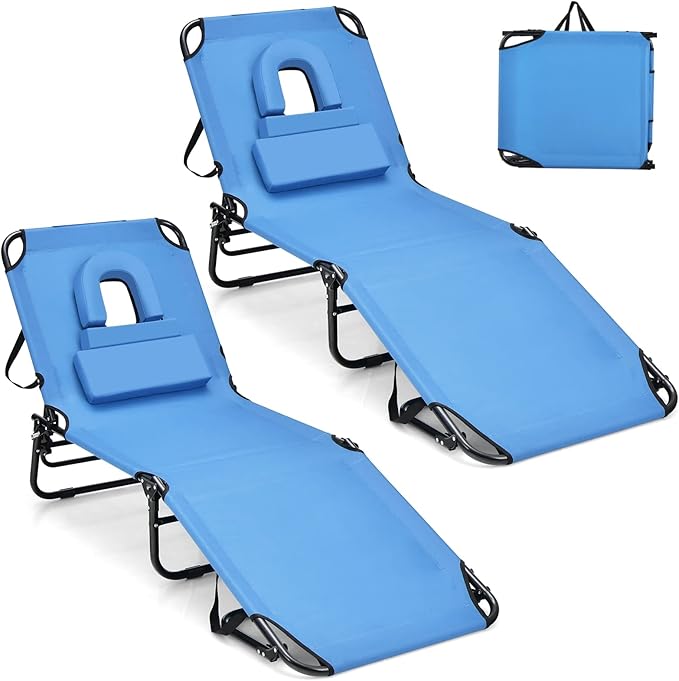 GYMAX Tanning Chair, 350lbs Beach Lounge Chair with Face Hole, Washable Pillow & Carry Strap, Adjustable Folding Chaise Lounge, Layout Lounger for Outside, Patio, Poolside, Lawn (2, Blue)