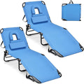 GYMAX Tanning Chair, 350lbs Beach Lounge Chair with Face Hole, Washable Pillow & Carry Strap, Adjustable Folding Chaise Lounge, Layout Lounger for Outside, Patio, Poolside, Lawn (2, Blue)