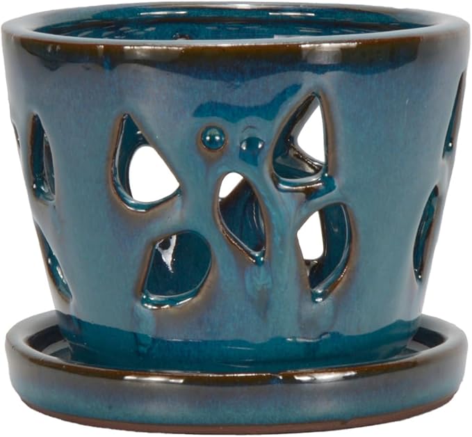W&W Orchid Pot with Holes and Saucer for Repotting, Teal, 5 Inch