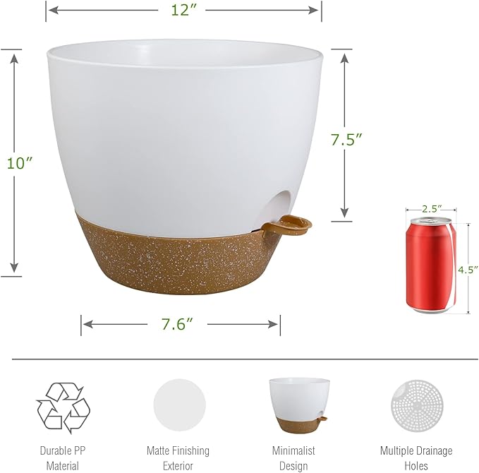 12inch 2Pack Large Self Watering Planters, Plastic Plant Pots with 60oZ Removable Deep Reservoir and Multi Mesh Drainage Holes for Indoor Outdoor Garden Plants and Flowers, White with Brown
