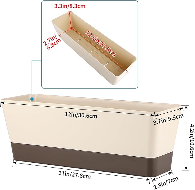 Window Box Planter with Tray, 12" Rectangle Plant Pot, Pack of 3 (Beige)
