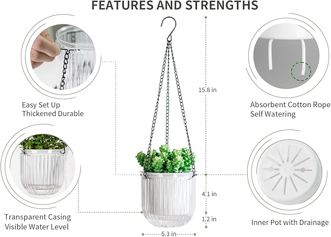 Josteve 5.2 Inch 2 Pcs Self Watering Hanging Planter Indoor Plant Pots Drainage Holes, Outdoor Small Hanging Planters Flower Pot Basket, Visible Water Level, Plant Hanger Home Decor, Gardening