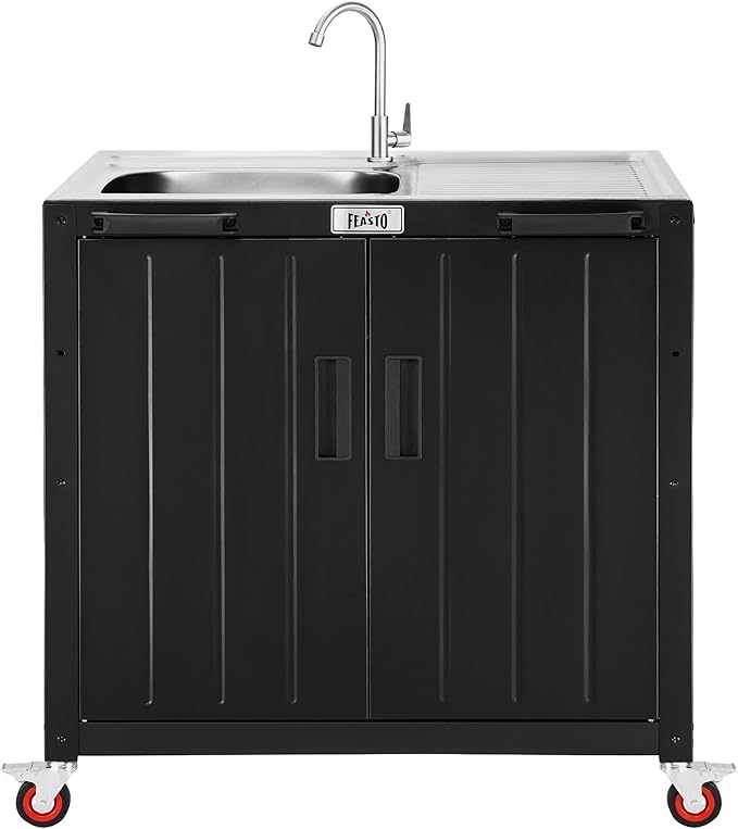 Outdoor Kitchen Island with Stainless Steel Sink and Storage Cabinet, 35-Inch BBQ Prep Station with Faucet & Lockable Wheels for Patio, Backyard, and Outdoor Cooking, Black & Silver