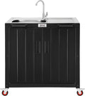 Outdoor Kitchen Island with Stainless Steel Sink and Storage Cabinet, 35-Inch BBQ Prep Station with Faucet & Lockable Wheels for Patio, Backyard, and Outdoor Cooking, Black & Silver