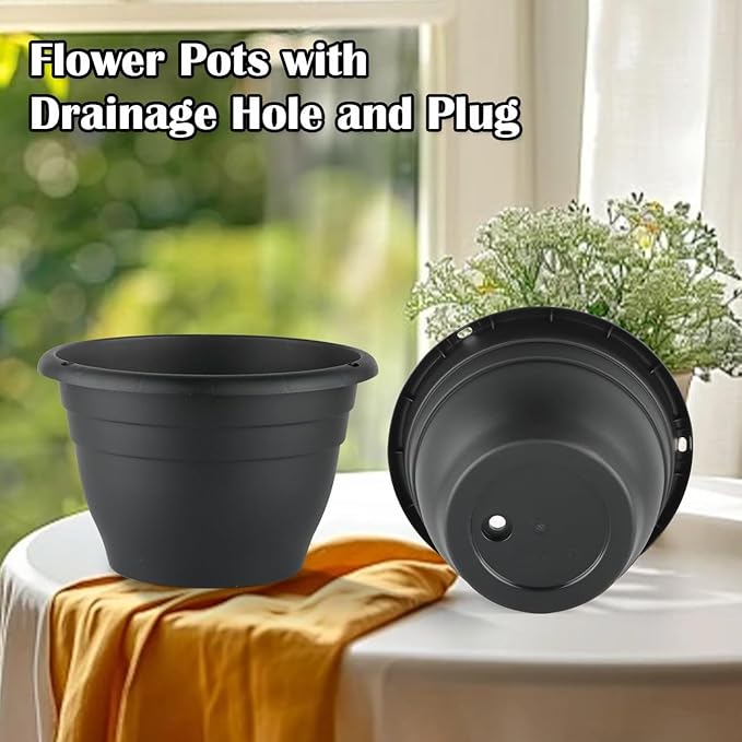 5 Pack 10 Inch Plant Pots Plastic Planters with Drainage Holes & Plugs,Lightweight Flower Pots for Indoor Outdoor Plants,Flowers,Monstera,Snake Plant,Home Garden(Black)