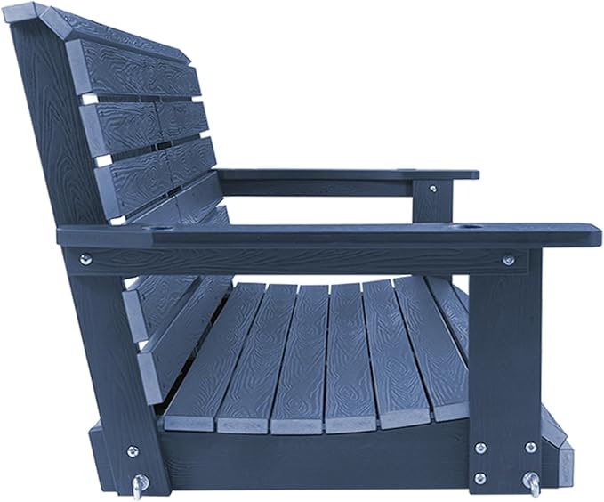 Poly Lumber 3-Seat Porch Swing, HIPS 5-Feet Bench Swing with Foldable Cup Holders,18/8 Stainless Steel Hardware, High Backrest and Deep Contoured Seat (Navy Blue, 5-feet)