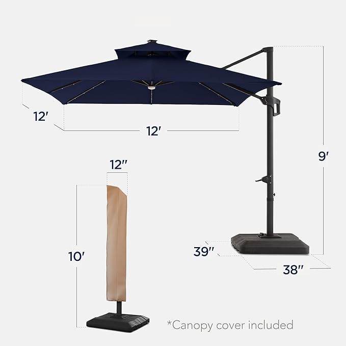 Best Choice Products 12x12ft LED Cantilever Patio Umbrella w/Base Included & 360° Rotation, Large Solar Offset Hanging Outdoor Sun Shade for Deck, Backyard Table w/Stand & Lights – Navy Blue