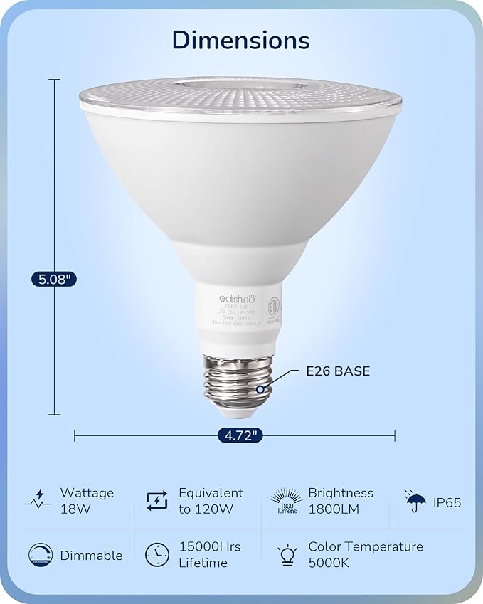EDISHINE Flood Light Bulbs, PAR38 LED Outdoor Flood Light Bulbs, 120W Equivalent Dimmable Waterproof for Patio Yard Porch Driveway Garage, 5000K Daylight White 18W 1800LM E26 Base, 2 Pack, ETL Listed