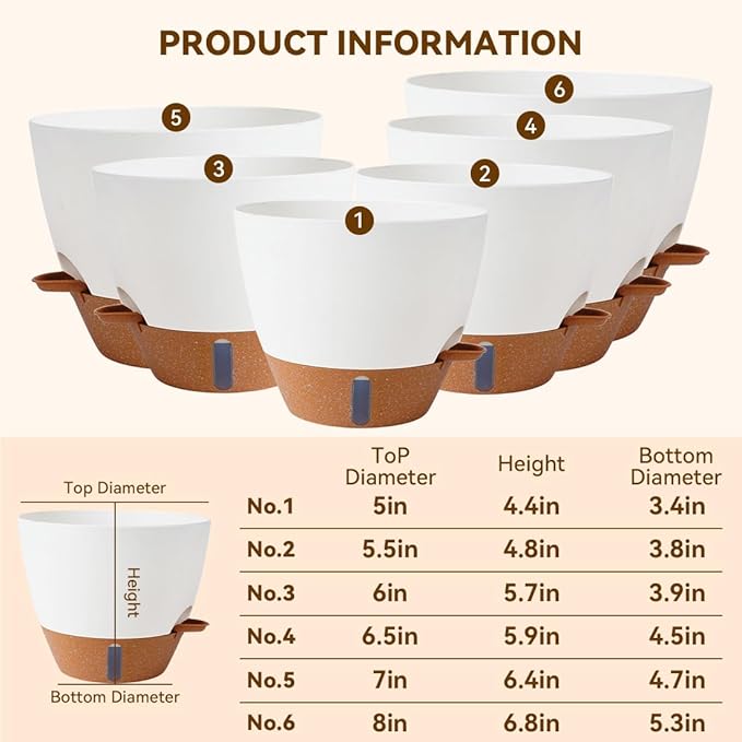 7/6.5/6/5.5/5 Inch Self Watering Pots, Plastic Flower Pots with Multi Mesh Drainage Holes and Deep Reservoir for Indoor Outdoor Garden Plants and Flowers (White, 5/5.5/6/6.5/7/8)