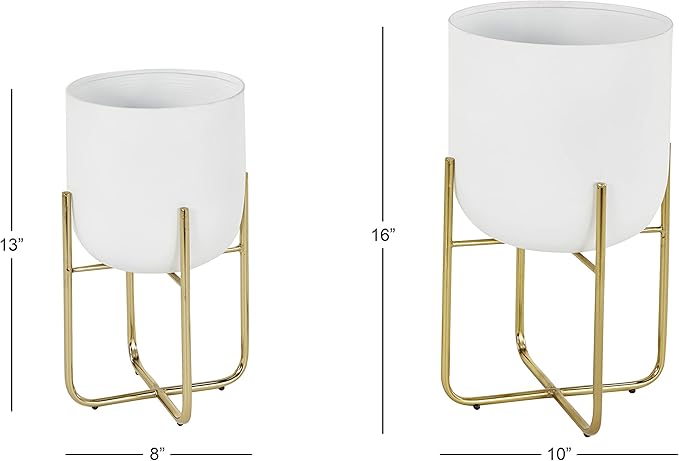 Deco 79 Metal Indoor Outdoor Planter Large Planter Pot with Removable Gold Stand, Set of 2 Planters 16", 13"H, White