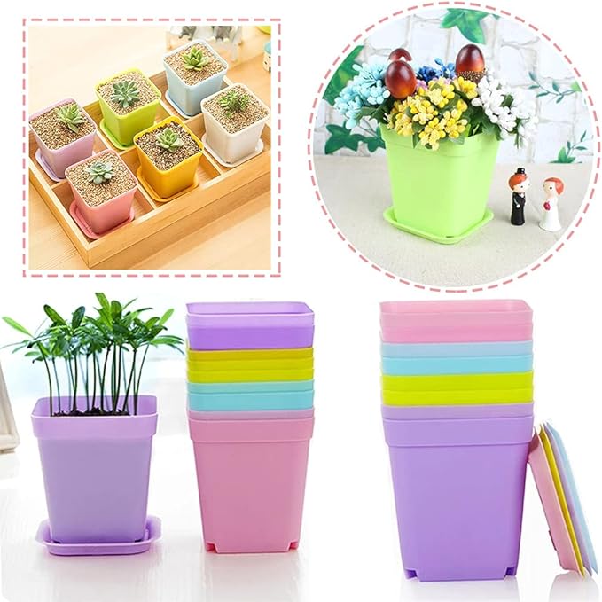 Haawooky 24 Pack Colorful Flower Pots Square Plastic Plant Pots Succulent Planter Nursery Pots with Saucers for Your Room,Garden Office and Balcony Decor
