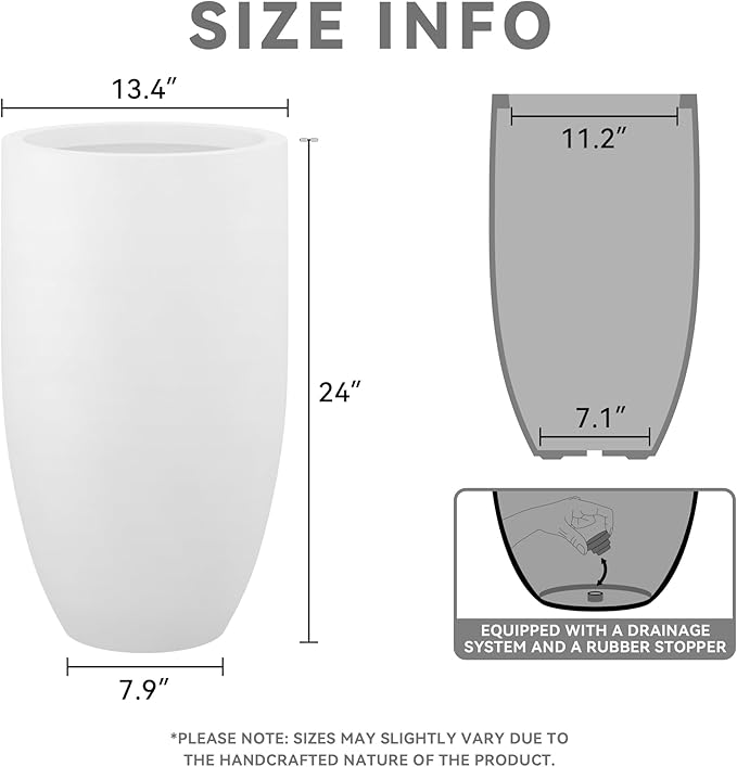 Kante 24 Inch Tall Round Concrete Planter, Large Indoor Outdoor Plant Pots with Drainage Hole and Rubber Plug, Modern Decorative Garden Pots for Home Patio Porch, White
